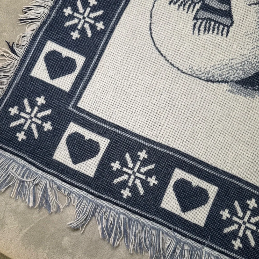 Vintage Welcome to Snowtown Snowman Family Throw Tapestry Blanket Blue Gray EUC‎